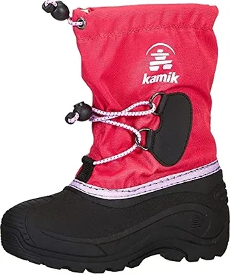 A single pink Kamik snow boot is shown against a white background.