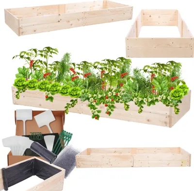 Produktbild von MODO24 Hochbeet Holz, Pflanzkasten, Massivholz, Kiefer, Kräuterbeet, Blumenkasten, Garten, Terrasse, 18x237x60 cm, Natur, ZP06