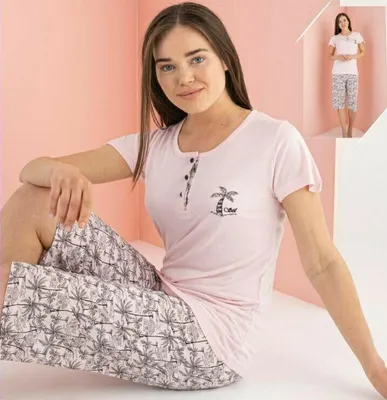 Produktbild von Damen Pyjama Schlafanzug Bermuda Rosa XL Kurz Viskose 2-Teiler Set S-68