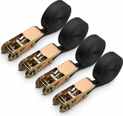 Obrázek produktu pro 4dílná sada ráčnových popruhů, polyesterové ráčnové popruhy na motorku, auto, kolo, přívěs, nosnost 800 kg, 6 m x 25 mm - černá