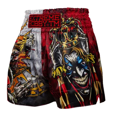 Productafbeelding van Extreme Hobby Muay Thai shorts, Killer Cards 2, kickboksen, ultralichte satijnen broek met elastische stof en trekkoord, voor heren, thaiboxen, rood, maat XL