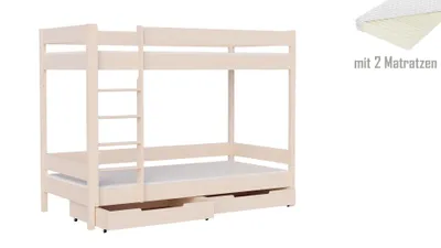 Produktbild von Etagenbett 180x80 Kinderbett mit Rausfallschutz & Lattenrost naturbelassen 80 x 180 für Mädchen und Jungen Massivholz Kiefer und MDF Möbelplatte, mit Matratzen und Schubladen