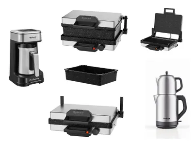 A collage of kitchen appliances including a coffee maker, a grill, a tray, and a tea kettle.