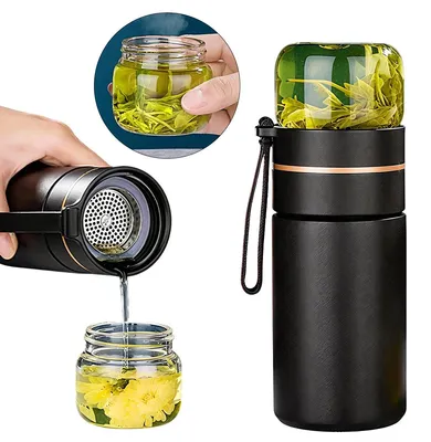 Produktbild von Isolierbecher mit Siebeinsatz, Tragbare Tee Infuser Tasse mit Deckel, Reise Teemug für losen Tee, Borosilikatglas Tee Tumbler für unterwegs & Zuhause