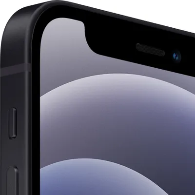 A close-up view of the top corner of a black iPhone 12 mini, showing the notch with the speaker and camera.