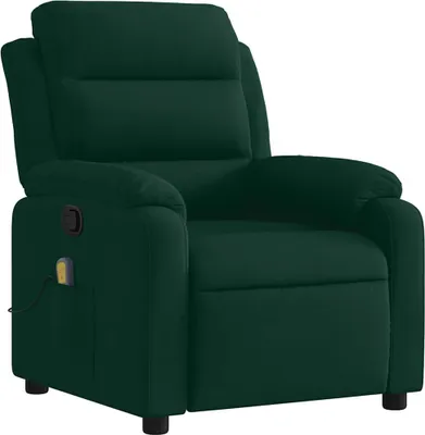 A dark green velvet massage chair is shown from the front-left.