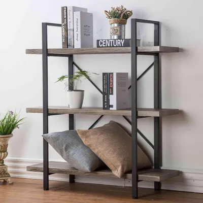 Produktbild von Bücherregal mit 3 Etagen, industrielles Standregal aus Metall und Holz, grau