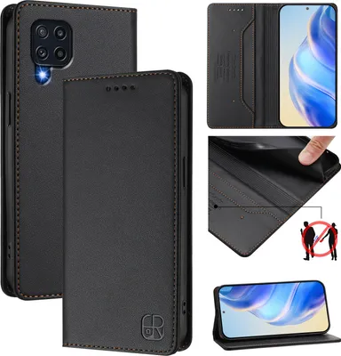 Image de Etui en cuir pour Samsung Galaxy M32 4G/M22, étui à rabat avec fentes pour cartes, portefeuille et support Noir