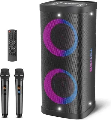Zdjęcie produktu dla Przenośny zestaw karaoke z mikrofonami bezprzewodowymi i oświetleniem dyskotekowym