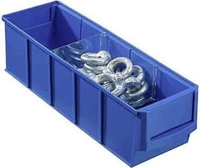 A blue storage bin with metal rings inside, shown against a white background.