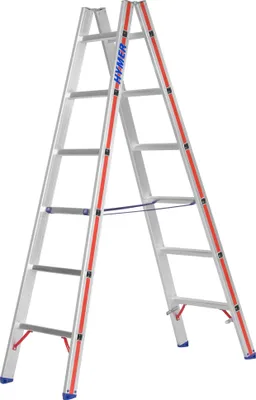 Produktbild von Hymer Sprossenstehleiter, beidseitig begehbar, 2x6 Sprossen, senkr. Höhe 1,75 m, Reichhöhe 3,09 m, Gewicht 6,8 kg