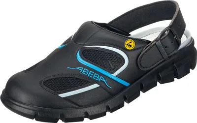 A black and blue Abeba clog shoe with a slingback strap.