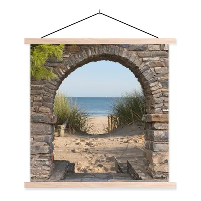 Produktbild von MuchoWow® Textilposter Aussicht - Strand - Düne - Pflanzen 120x120 cm mit holzfarbenen Rahmen - Textil-Poster
