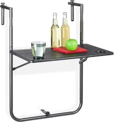 Productafbeelding van Famanu Balkontafel, inklapbaar, ophangbaar, met 3 hoogtestanden, tafelblad met houtlook, afmetingen: 59,5 x 36 cm, kleur: zwart