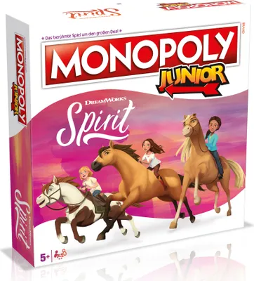 The image shows the front of a Monopoly Junior board game box featuring characters and horses from the DreamWorks Spirit Riding Free series.