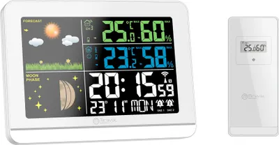 Produktbild von Funk-Wetterstation mit Farbdisplay Außensensor Schimmelwarner Hygrometer Barometer Datumsanzeige Mondphase Schwarz Frostalarm Wecker