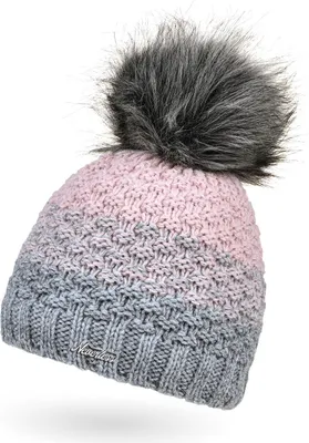 Produktbild von Damen Strick-Mütze gefüttert Fleece-Innenfutter Fell-Bommel Kunstfell Winter-Mütze Bommelmütze Grobstrick mehrfarbig Neverless® grau-rosa