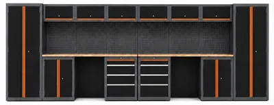 Produktbild von 2x Werkstattwand 13-tlg. modulares Werkstattschranksystem aus Stahl mit Holzarbeitsplatte in orange