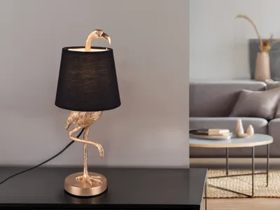 Produktbild von Retro LED Tischleuchte, Flamingo Gold mit Stoff Lampenschirm Schwarz, Höhe 42cm