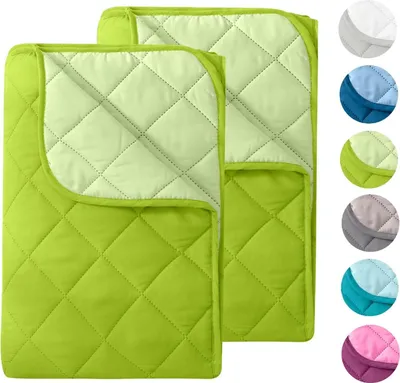 Two quilted blankets are shown side-by-side on a white background. A strip of circular color swatches is visible on the right side of the image.