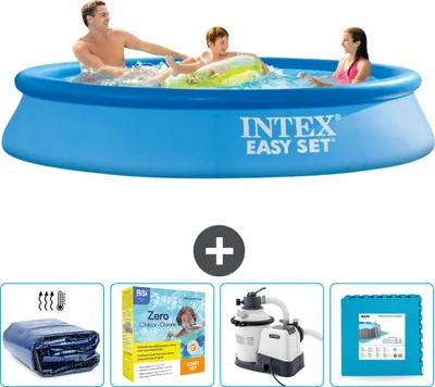 Produktbild von Intex runder aufblasbarer Easy Set-Pool – 305 x 61 cm – Blau – im Lieferumfang enthalten Sonnensegel - Wartungspaket - Filterpumpe für Schwimmbad - Bodenfliesen