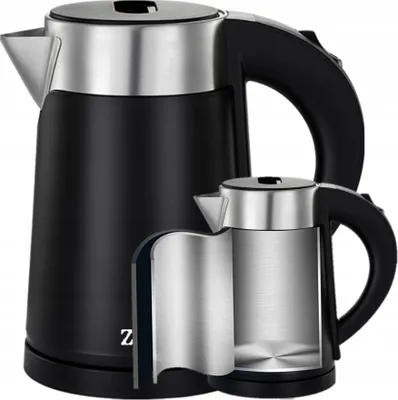 A black and silver electric kettle is shown, with a cutaway view revealing its internal structure.