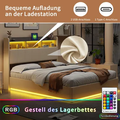 Obrázok produktu pre 140x190 cm posteľ s čalúneným čelom s LED osvetlením, roštom a funkciou USB typu C