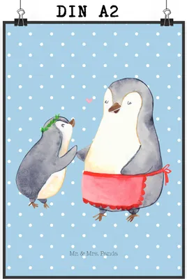 Produktbild von Mr. & Mrs. Panda Bild Pinguin mit Kind DIN A2 - Blau Pastell - Geschenk, drucke, Mutter, Muttertag, Familie, Mama, Vorbild, Plakat, Mom, wanddeko, Kunstdruck, Wandbild