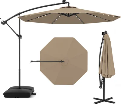 Produktbild von GOPLUS Ampelschirm 300cm mit 40 Solar LED Beleuchtung, Sonnenschirm Balkon mit Ständer, Gartenschirm 90° knickbar, Terrassenschirm mit Kurbel, 8 Rippen, Marktschirm für Garten, Terrasse & Pool, Braun