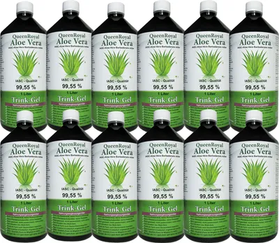 Produktbild von QueenRoyal Aloe Vera Trinkgel 12x 1 Liter Flasche 99.55% Barbadensis Miller Blattgel unverdünnt KEIN Saft KEIN Konzentrat OHNE künstliche Vitamine.