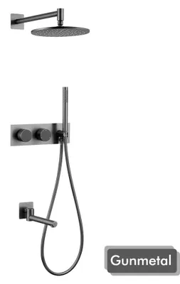 Produktbild von Duschsystem - Wandmontierter Duschmischer - Quadratischer Regenduschkopf 30 cm - Zweigriffarmatur - Messing, Keramikkartusche - Gunmetal