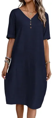 Produktbild von Sommerkleid für Damen - V-Ausschnitt, Leinen, Midi mit Taschen