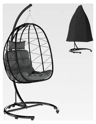 Produktbild von Hängesessel aus Rattan 195 cm Höhe Schaukelkorb Indoor Outdoor inkl. Gestell, Kissen, wasserdichte Abdeckung, für Terrasse, Garten bis zu 150 kg, Dunkelgrau