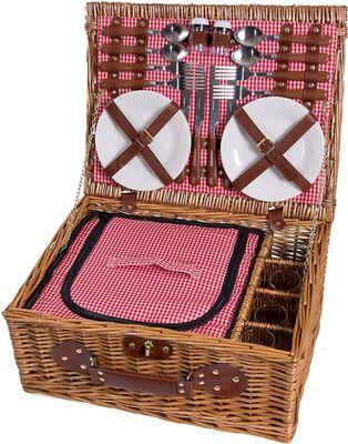 eGenuss Handgefertigtes Picknickkorb für 4 Personen mit Kühlfach - Inklusive Edelstahlbesteck, Kühlfach, Weingläser und Keramikteller - Rotes Gingham-Muster 47x34x20 cm