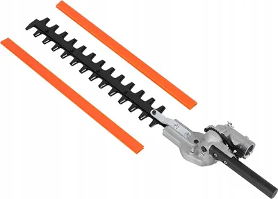 A close-up view of a hedge trimmer attachment with two orange protective covers.