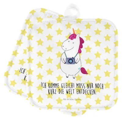 Produktbild von Mr. & Mrs. Panda Topfuntersetzer Einhorn Fotograf - Weiß - Geschenk, Urlaub, Unicorn, Ofenlappen, Kochlappen, topfhalter, Topflappen Set, Städtereise, Kurztrip