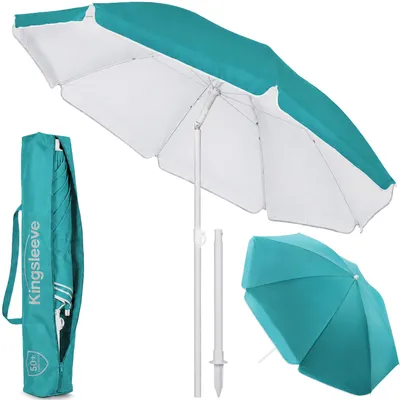 Produktbild von KINGSLEEVE® Sonnenschirm 200cm UV 50+ Tragetasche groß Strandschirm wasserabweisend neigbar höhenverstellbar Erdspieß Balkon Strand Rund Garten Türkis