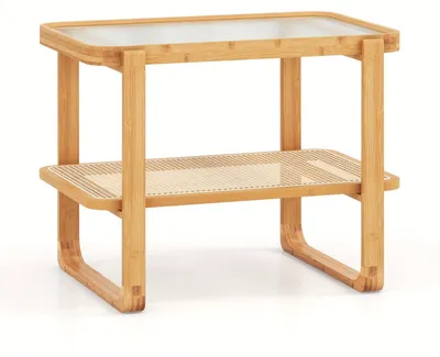 Image de Table basse - Table d'appoint - Table de salon - Table de chevet - Table d'appoint - Structure en bambou - Plateau en verre amovible
