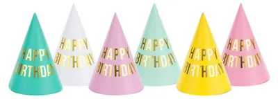 Partyhüte Happy Birthday gemischt 16 cm Pastell