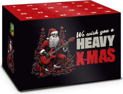 A product image of a heavy metal themed advent calendar with a skeleton Santa playing a guitar.