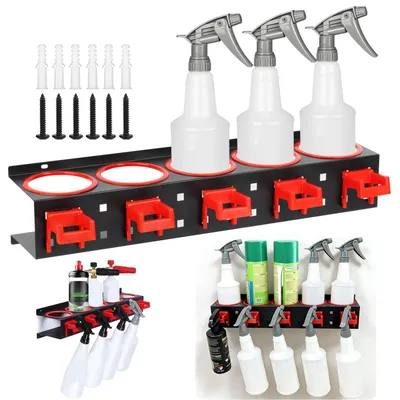 Productafbeelding van Sprayfleshouder, robuust stalen rek - wandmontage - 5 haken - opslagstation - garage/werkplaats - roestbestendig - opbergrek