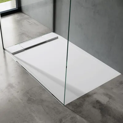 Produktbild von doporro Duschtasse Duschwanne 80x120x4 flach Mineralguss in Weiß inkl. Ablaufgarnitur AL02 DIN-Anschlüsse für bodenebene Montage geeignet Geoma04