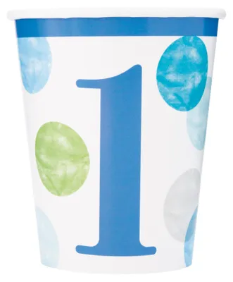 Obrázek produktu pro Párty papírové kelímky 1. narozeniny - Happy Birthday modré s puntíky - 270 ml - 8 ks