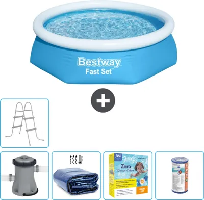 Produktbild von Bestway runder aufblasbarer Fast-Set-Schwimmpool – 244 x 61 cm – Blau – inklusive Pumpe Sonnensegel - Wartungspaket - Filter - Leiter