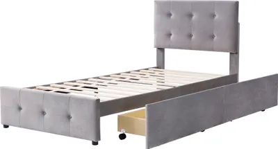 Produktbild von Merax Polsterbett 90x200cm mit höhenverstellbarem Kopfteil, Holzbett Einzelbett mit zwei Schubladen und Lattenrost, Samt Jugendbett Kinderbett, Grau