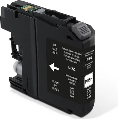 A black ink cartridge is shown against a white background.