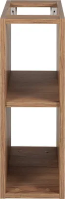 A wooden shelf unit with two shelves against a white background.