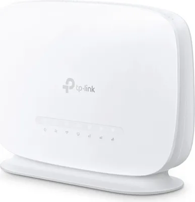 A white TP-Link router is shown from a slight angle against a white background.