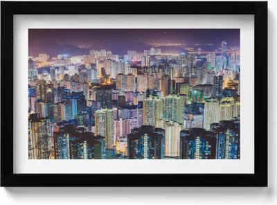 Produktbild von Beleuchtete Stadt bei Nacht– Wandbild mit Rahmen – Gerahmtes Bild  – Wanddekoration – 30x20 cm –  Schwarz Rahmen