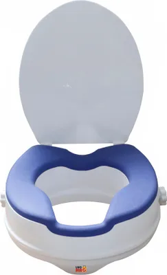 A white and blue toilet seat riser with the lid up, shown from the front.